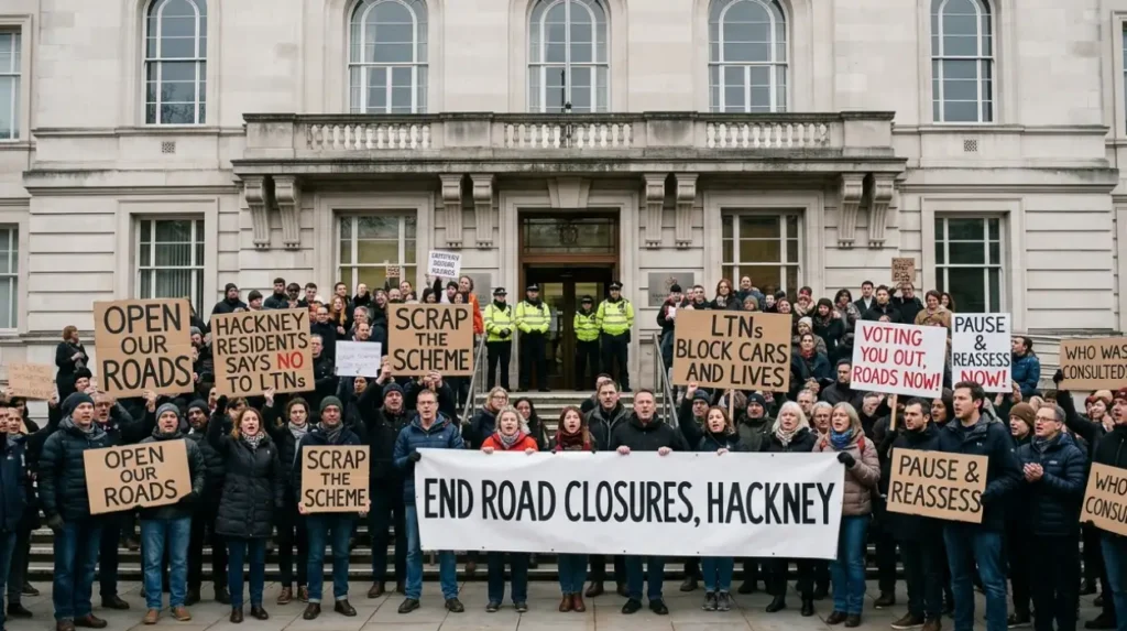 What was the main Hackney Town Hall protest in early 2026 about?