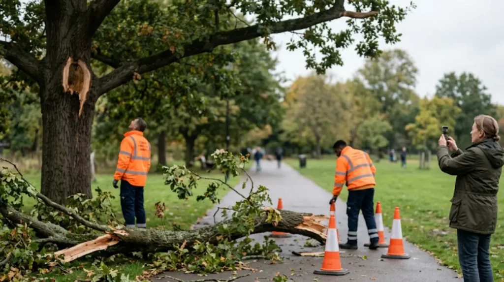 What should you do if you encounter a fallen branch in a public park?